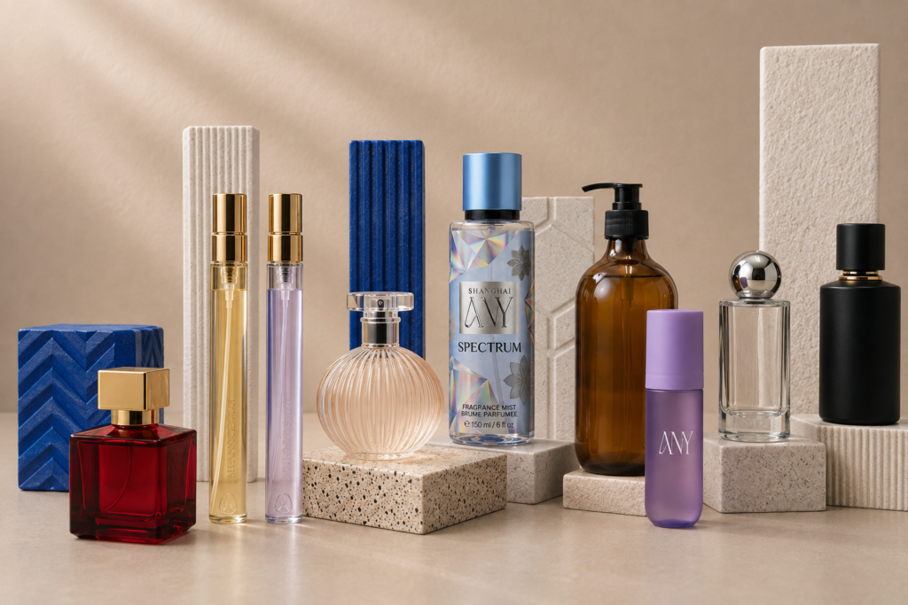 Collection of custom Glass perfume, Cosmetic & Skincare bottles manufactured by Shanghai A.N.Y